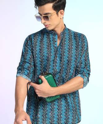 Blue cotton blend short kurta for men with printed design 1