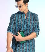 Blue cotton blend short kurta for men with printed design
