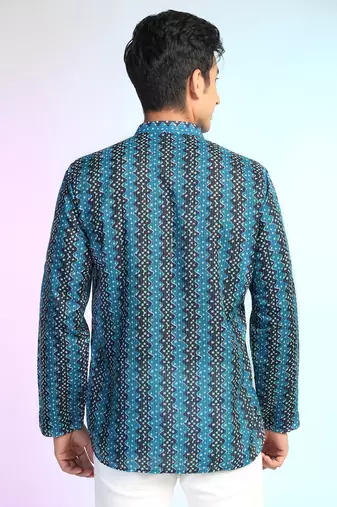 Blue cotton blend short kurta for men with printed design