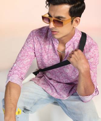Pink cotton blend short kurta for men with printed design 1