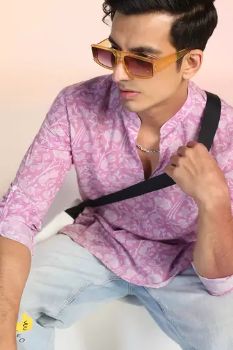Pink cotton blend short kurta for men with printed design