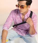 Pink cotton blend short kurta for men with printed design