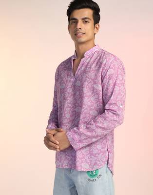 Pink cotton blend short kurta for men with printed design 2