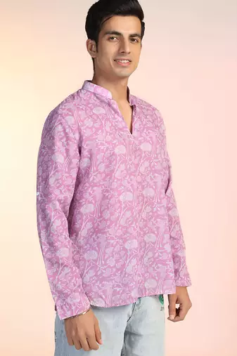 Pink cotton blend short kurta for men with printed design