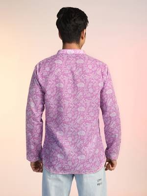 Pink cotton blend short kurta for men with printed design 4