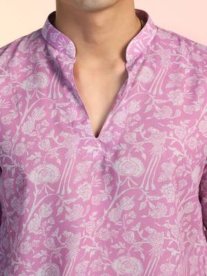 Pink cotton blend short kurta for men with printed design 5