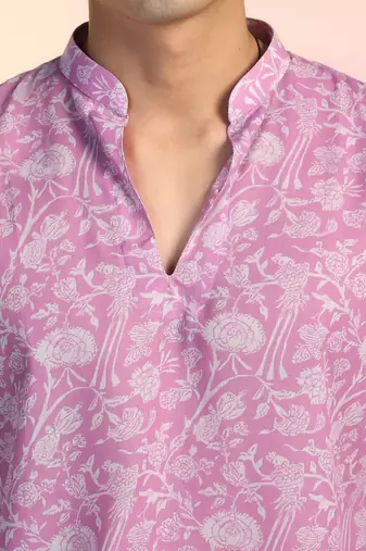 Pink cotton blend short kurta for men with printed design