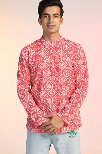 Orange cotton blend short kurta for men with printed design