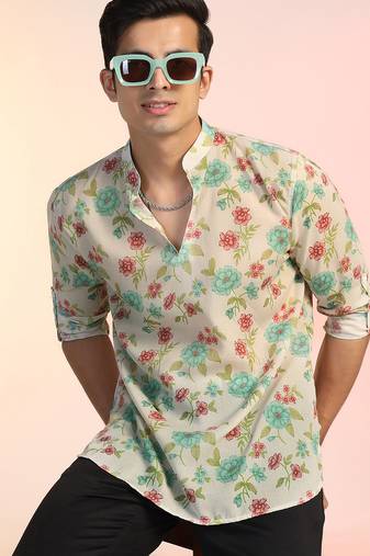Beige cotton blend short kurta for men with printed design