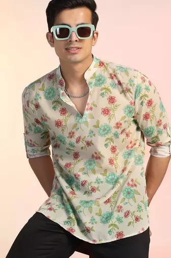 Beige cotton blend short kurta for men with printed design
