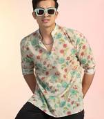 Beige cotton blend short kurta for men with printed design