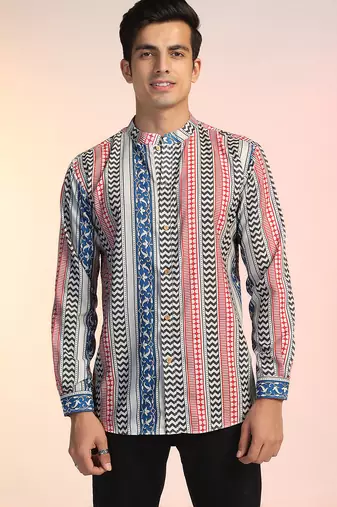 Multi cotton blend short kurta for men with printed design
