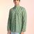 Green cotton blend short kurta for men with printed design
