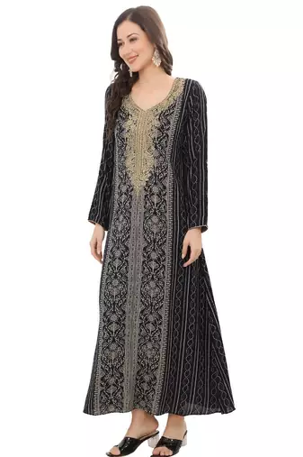 Golden Thread Embroidered A-line Jalabiya on Fancy Printed Fabric