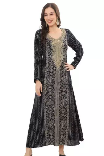 Golden Thread Embroidered A-line Jalabiya on Fancy Printed Fabric