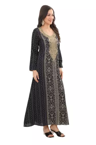 Golden Thread Embroidered A-line Jalabiya on Fancy Printed Fabric