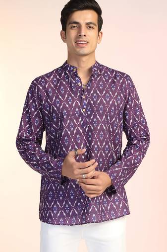 Purple cotton blend short kurta for men with printed design
