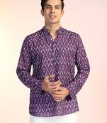Purple cotton blend short kurta for men with printed design