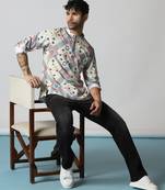 White cotton blend short kurta for men with printed design