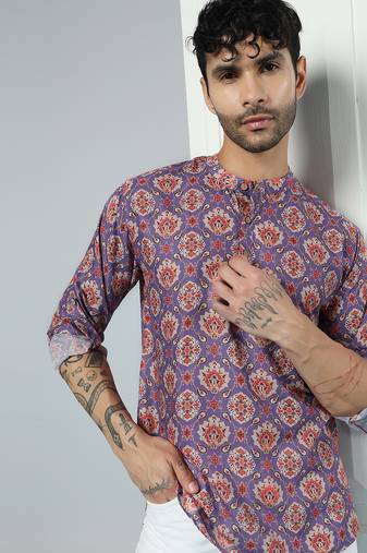 Purple cotton blend short kurta for men with printed design