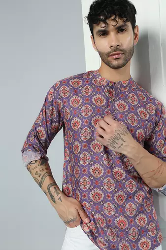 Purple cotton blend short kurta for men with printed design