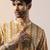 Yellow cotton blend short kurta for men with printed design