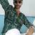 Green cotton blend short kurta for men with printed design