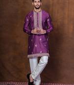 Purple silk blend kurta pajama set for men with embroidered work