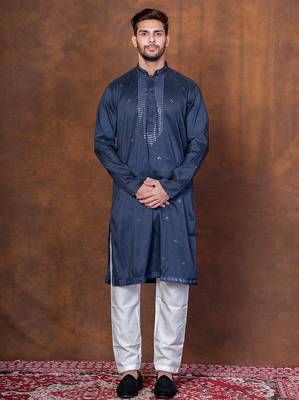 Navy blue silk blend kurta pajama set for men with embroidered work 1