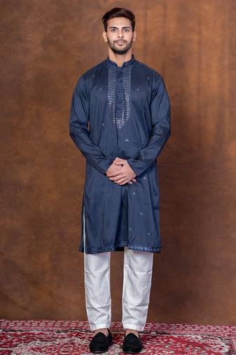 Navy blue silk blend kurta pajama set for men with embroidered work