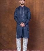 Navy blue silk blend kurta pajama set for men with embroidered work