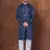 Navy blue silk blend kurta pajama set for men with embroidered work
