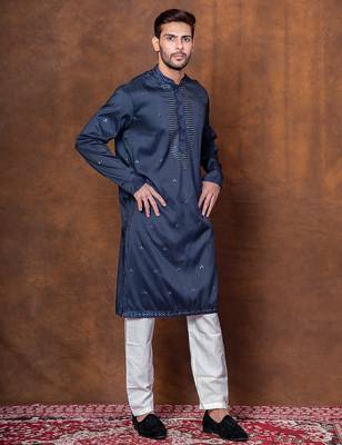 Navy blue silk blend kurta pajama set for men with embroidered work 2