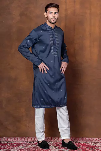 Navy blue silk blend kurta pajama set for men with embroidered work