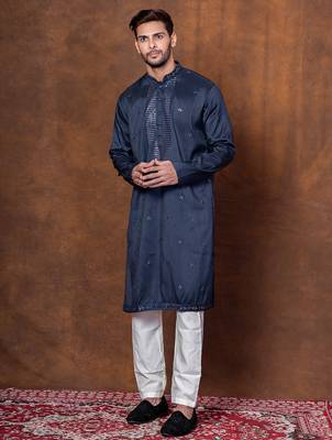 Navy blue silk blend kurta pajama set for men with embroidered work 3