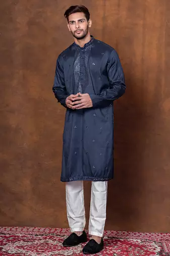 Navy blue silk blend kurta pajama set for men with embroidered work
