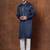 Navy blue silk blend kurta pajama set for men with embroidered work