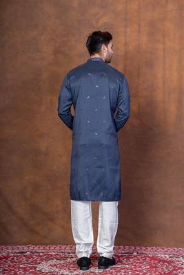 Navy blue silk blend kurta pajama set for men with embroidered work 4