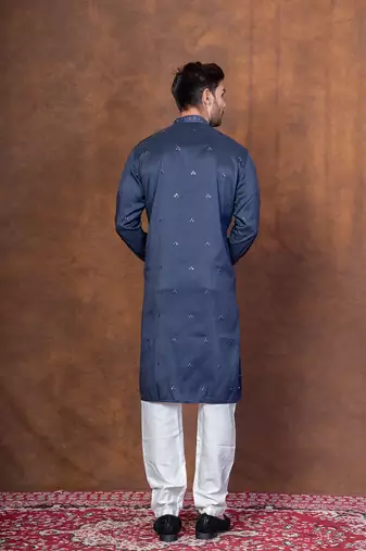 Navy blue silk blend kurta pajama set for men with embroidered work