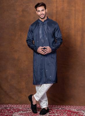 Navy blue silk blend kurta pajama set for men with embroidered work 5