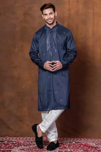 Navy blue silk blend kurta pajama set for men with embroidered work