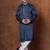 Navy blue silk blend kurta pajama set for men with embroidered work