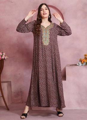 Multicolor thread embroidery A-Line Jalabiya on fancy printed fabric 1