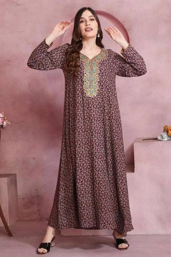 Multicolor thread embroidery A-Line Jalabiya on fancy printed fabric