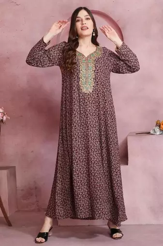 Multicolor thread embroidery A-Line Jalabiya on fancy printed fabric