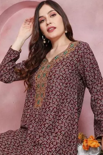 Multicolor thread embroidery A-Line Jalabiya on fancy printed fabric