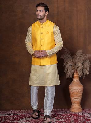 Yellow dupion nehru jacket for men with solid print 2