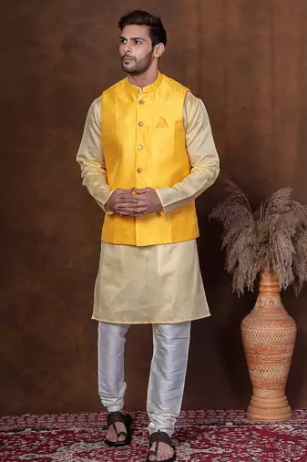 Yellow dupion nehru jacket for men with solid print