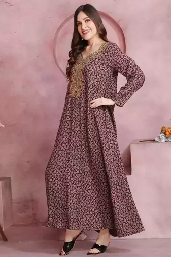 Multicolor thread embroidery A-Line Jalabiya on fancy printed fabric