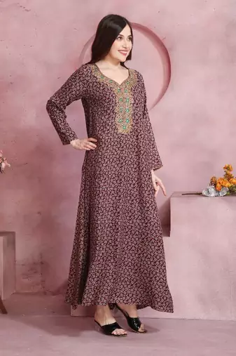 Multicolor thread embroidery A-Line Jalabiya on fancy printed fabric